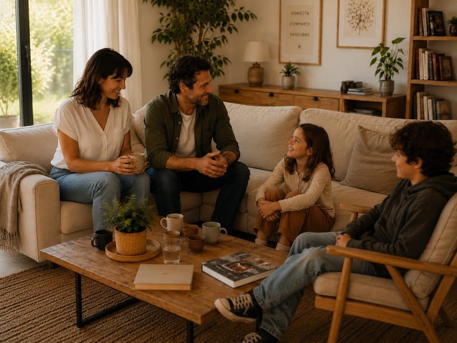Family chatting comfortably in the living room