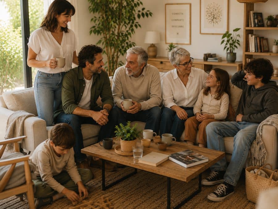 Several generations of a family talking in the living room