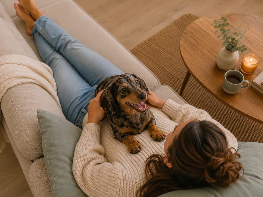 Woman stroking her dachshund on the sofa at home, a tender and warm image