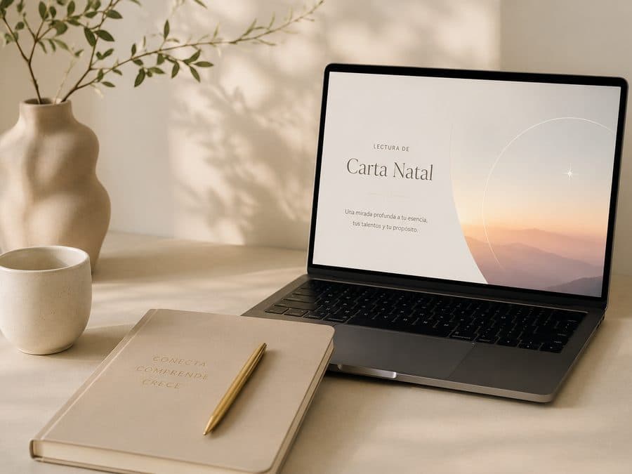 Birth chart reading displayed on a laptop in a warm, bright space