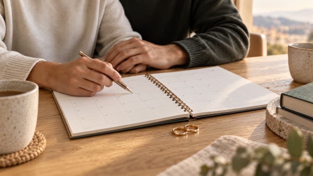 Coppia che annota date su un'agenda sopra un tavolo di legno, con due fedi accanto al calendario