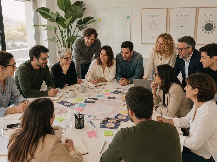Equip de treball col·laborant en una dinàmica grupal
