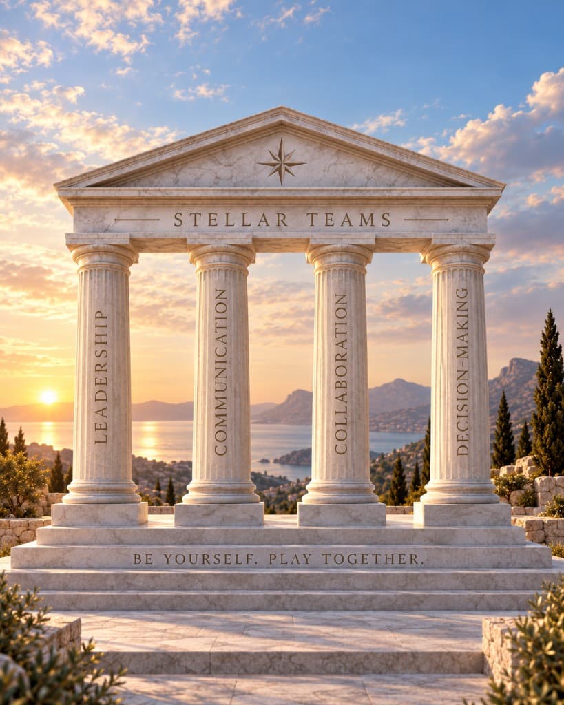 Tempio classico di Stellar Teams con quattro colonne — leadership, comunicazione, collaborazione e decision-making — e il motto Be yourself. Play together.